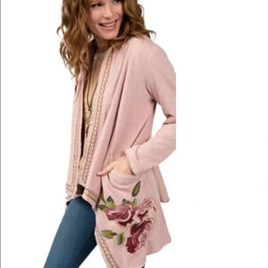 Ivy Jane Embroidered Hooded Open Front Boho Floral Blush Pink Cardigan Jacket